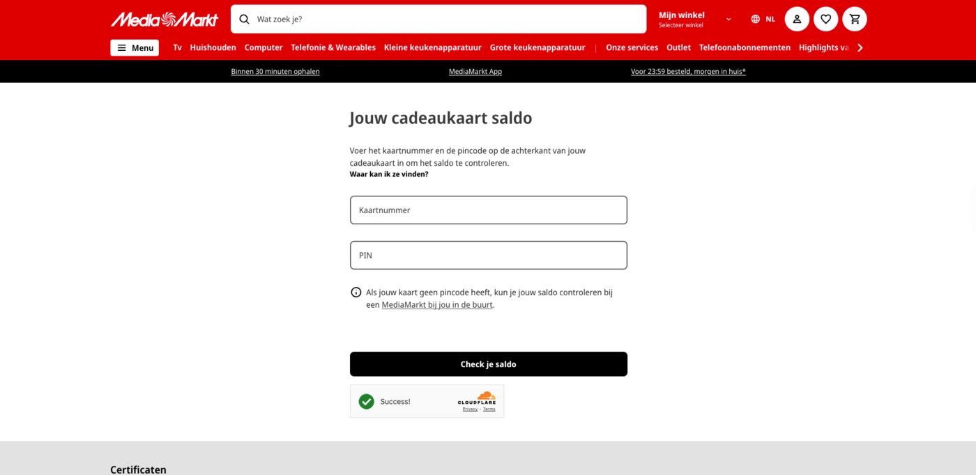 MediaMarkt Cadeaukaart saldo checker vervolg pagina.